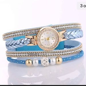 Light Pastel Blue Rhinestone Wrap Watch